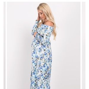 Blue Floral Off Shoulder Maternity Maxi Dress